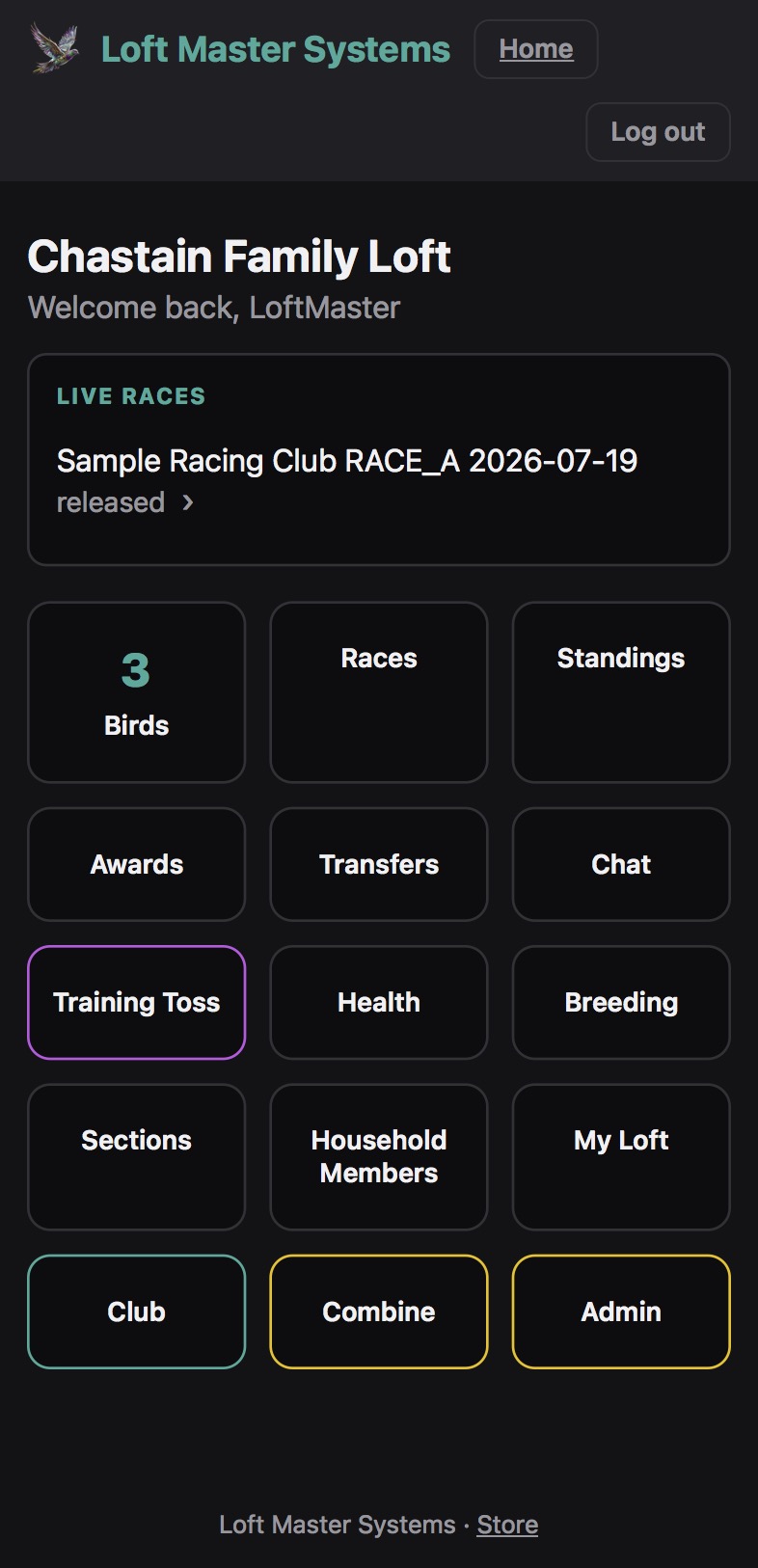 A logged-in member's dashboard, with quick links to every section of the app