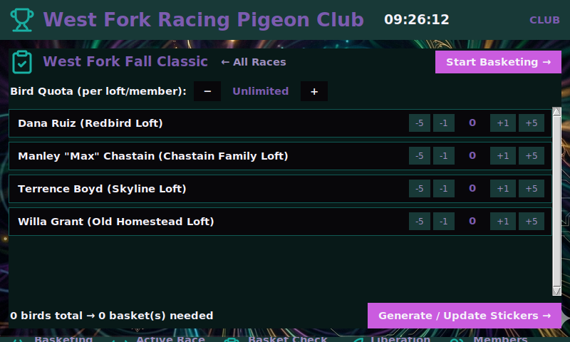 A club unit's race roster and bird-quota screen, tallying every member loft