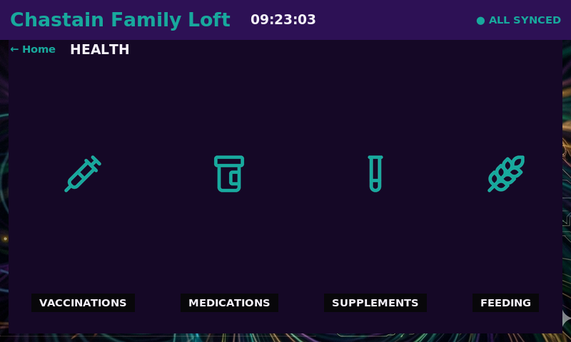 A loft unit's health section — vaccinations, medications, supplements, feeding