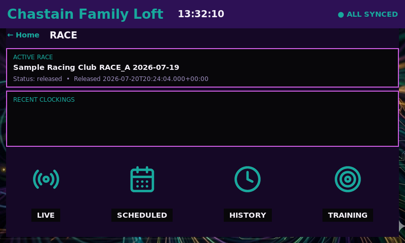 A loft unit's race screen, showing an active race
